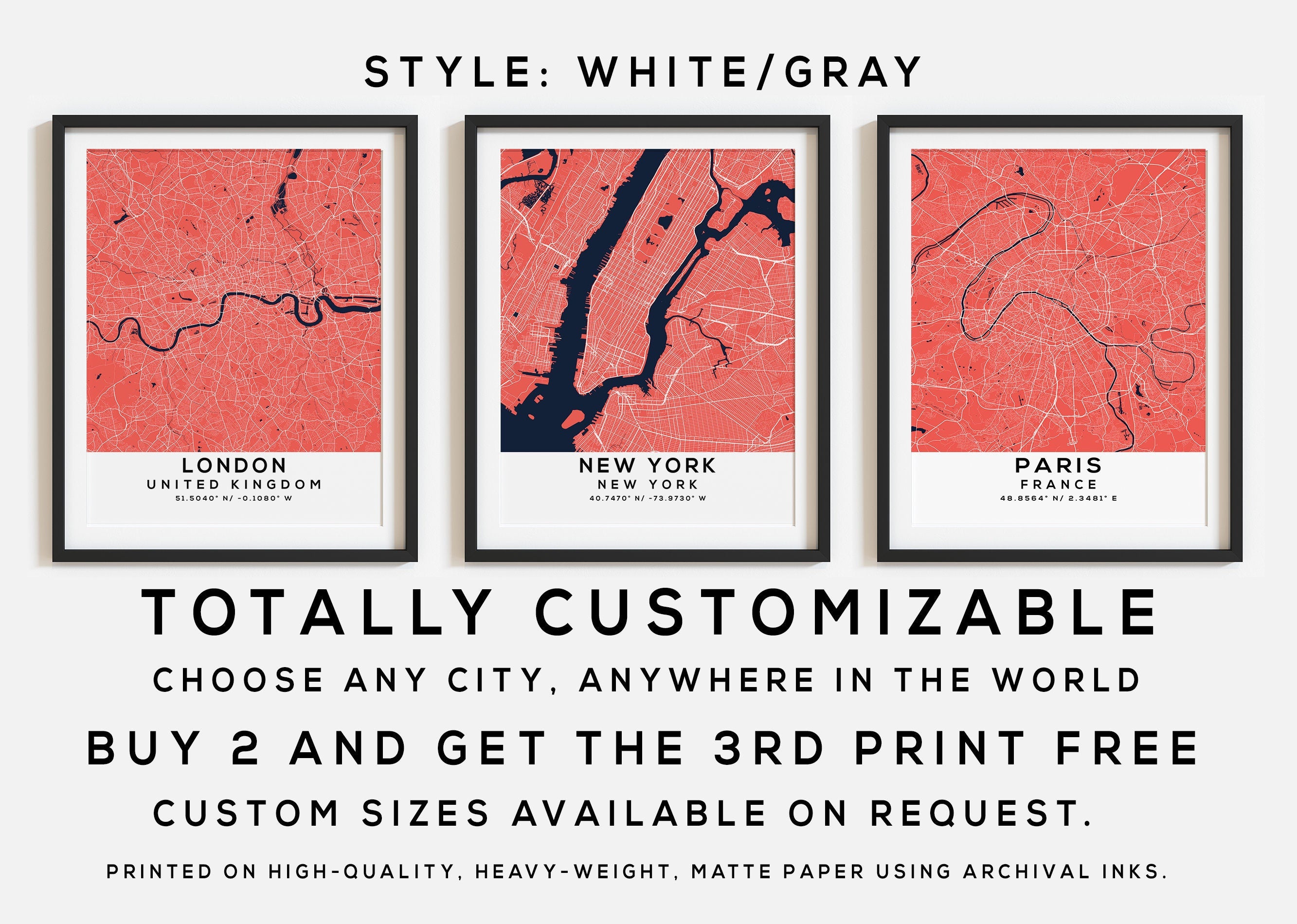 Custom Map Print, Set of 3, Map Prints, Custom Map, Custom Maps, Home Town Map, City Map, Custom City Map