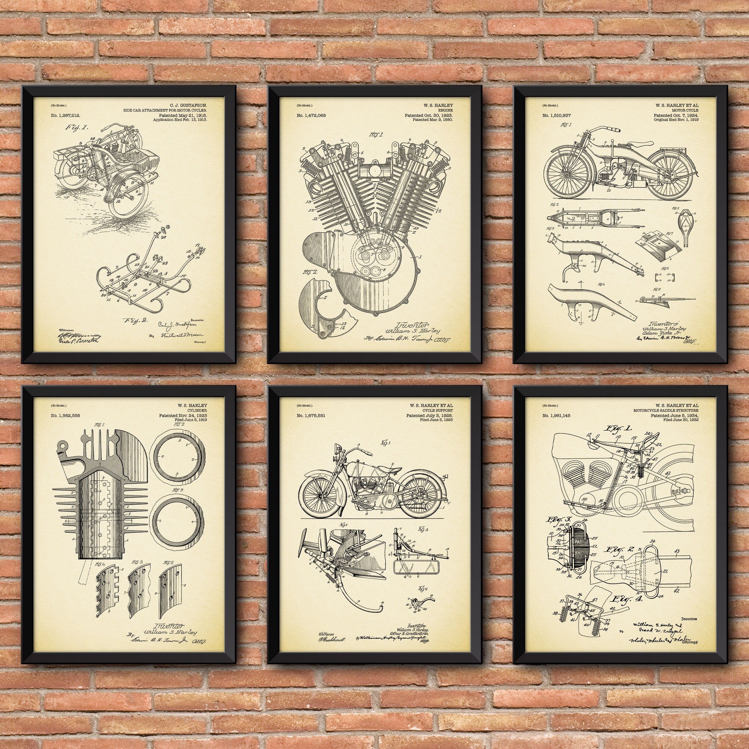 Harley Davidson Print Set of 6, Harley Davidson Patent, Industrial Home Decor, Print Wall Art, Motorcycle Art, Harley Davidson Poster