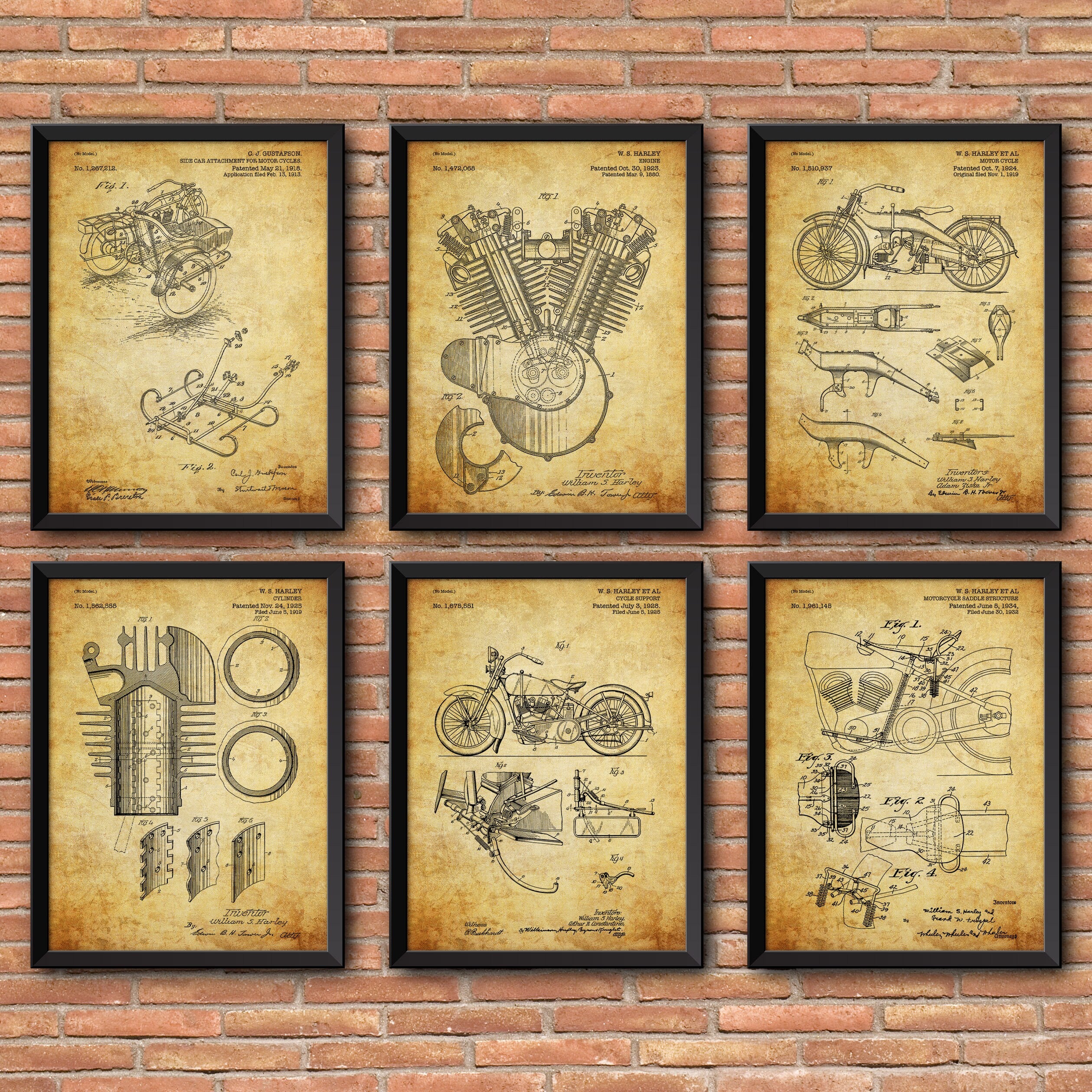 Harley Davidson Print Set of 6, Harley Davidson Patent, Industrial Home Decor, Print Wall Art, Motorcycle Art, Harley Davidson Poster