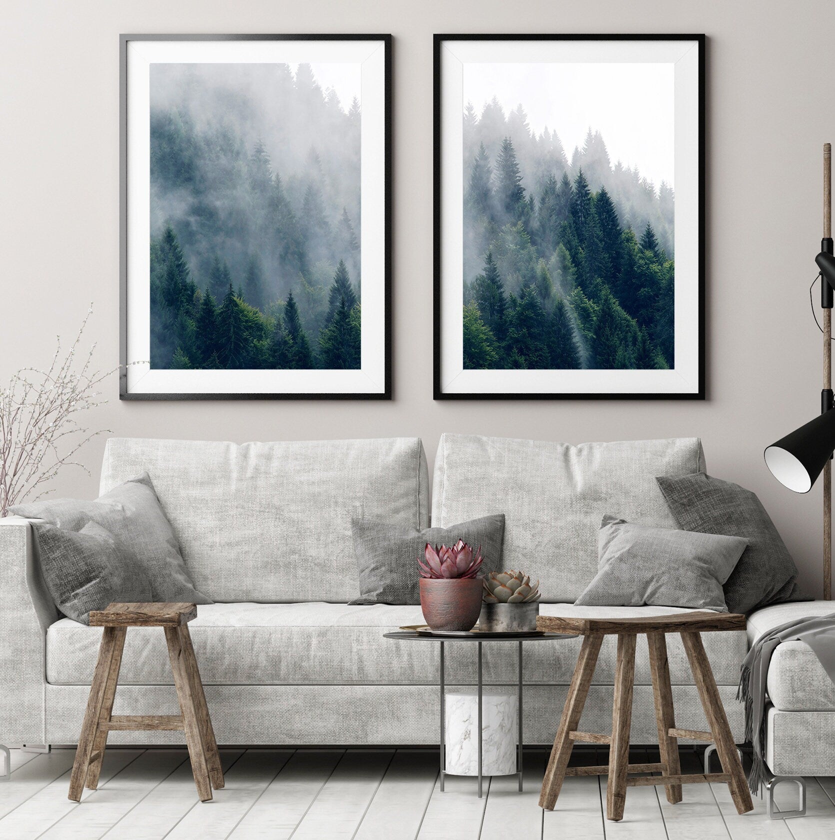 Forest Print Set of 2, Forest Print, Set of 2 Prints, Black and White Forest Print, Foggy Mountain Print, Scandinavian Designs, Large Art