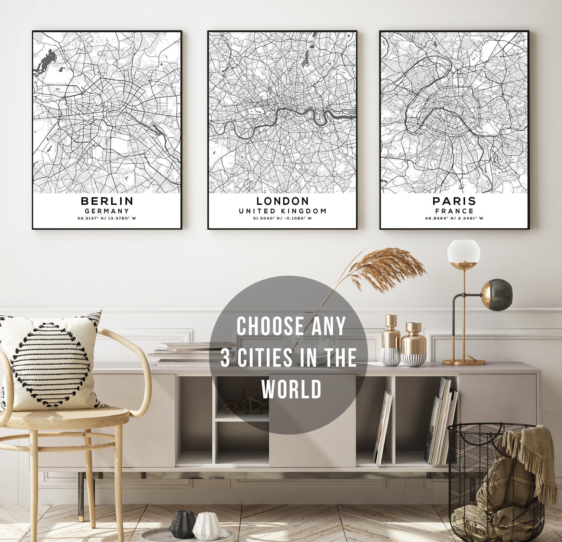 Custom Map White Personalized Map Print, Set of 3, Map Prints, Custom Map, Custom Maps ...