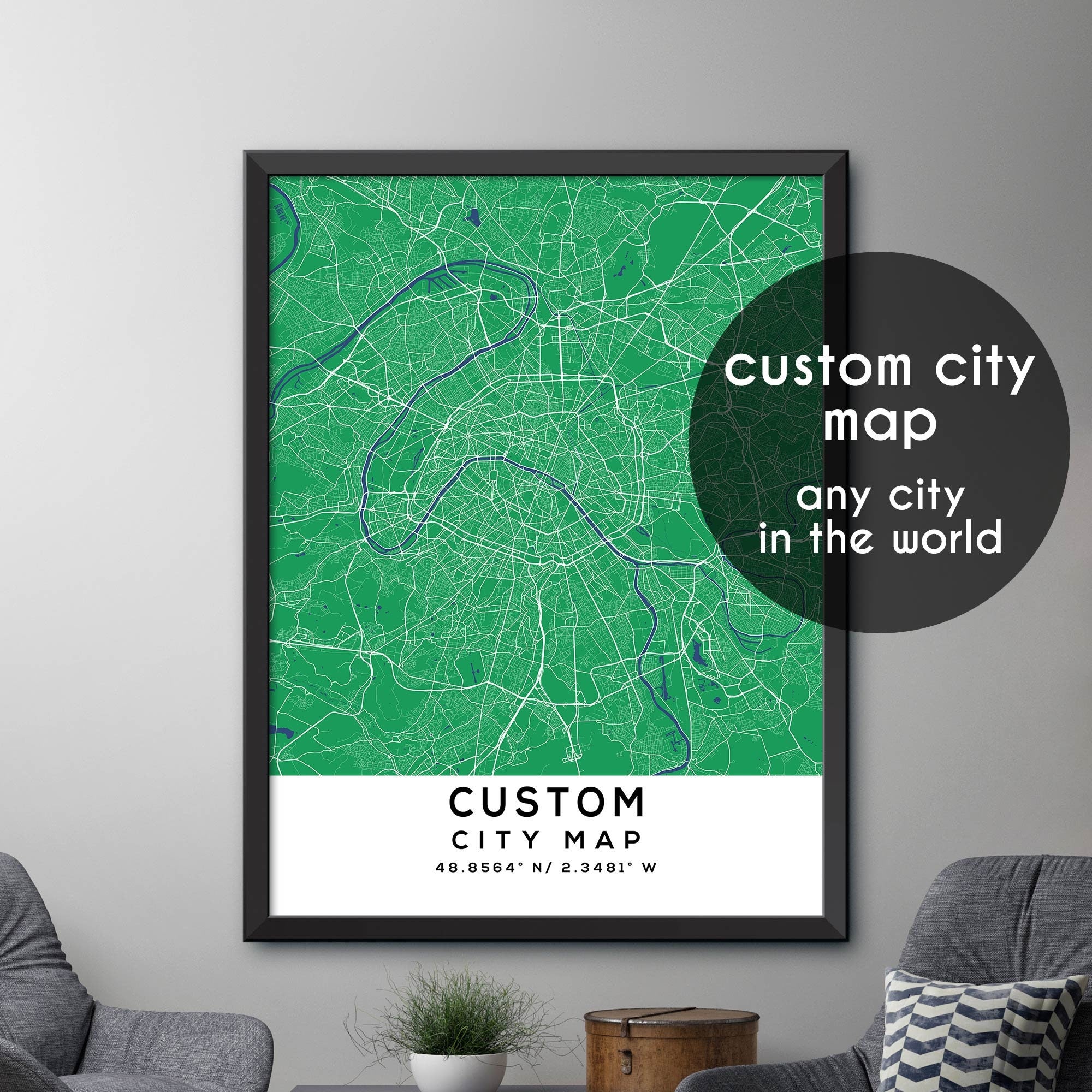 Kelly Green City Map, Any City, Custom City Map Print, Personalized Map Print,  Custom City Poster, Vintage City Map, Custom Print