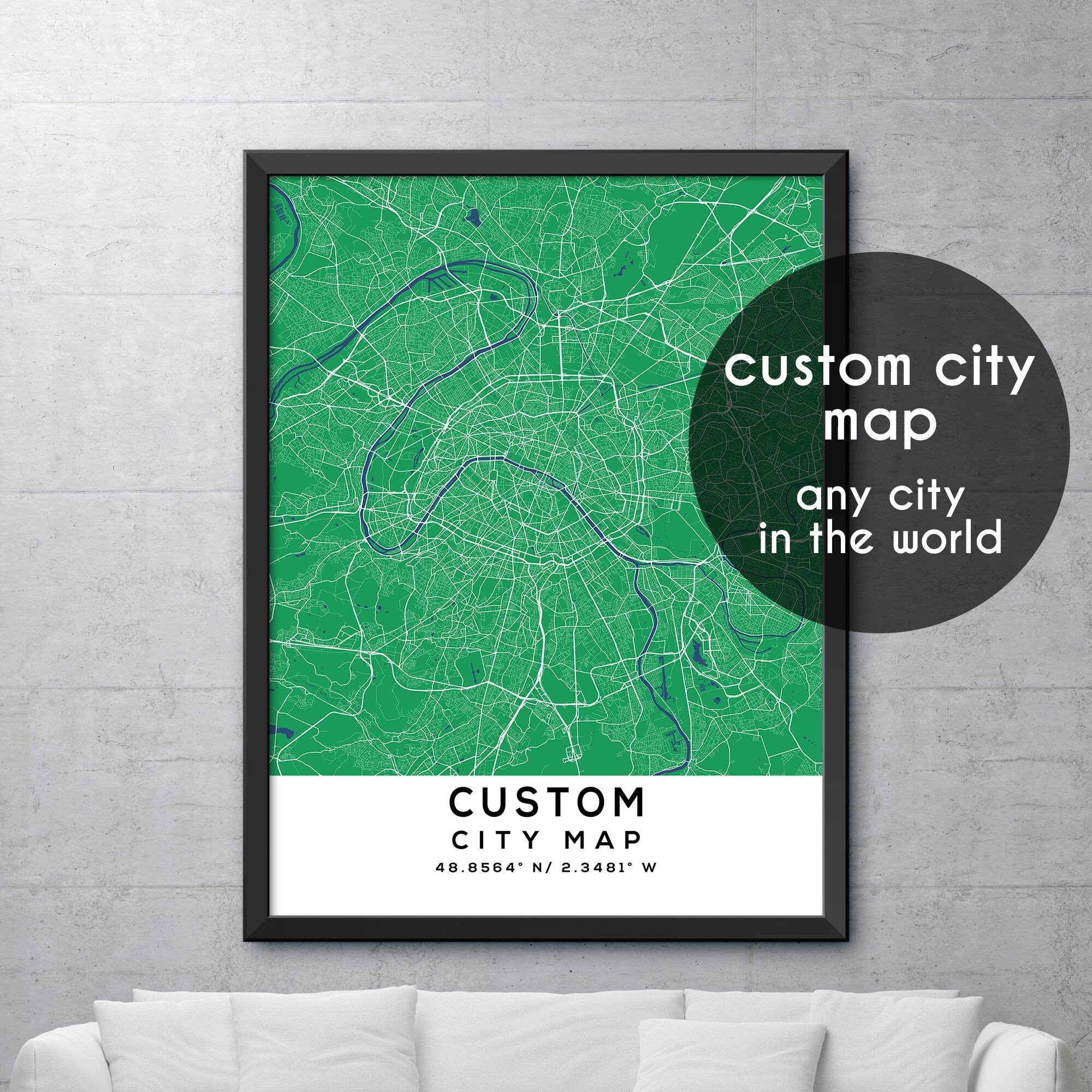 Kelly Green City Map, Any City, Custom City Map Print, Personalized Map Print,  Custom City Poster, Vintage City Map, Custom Print