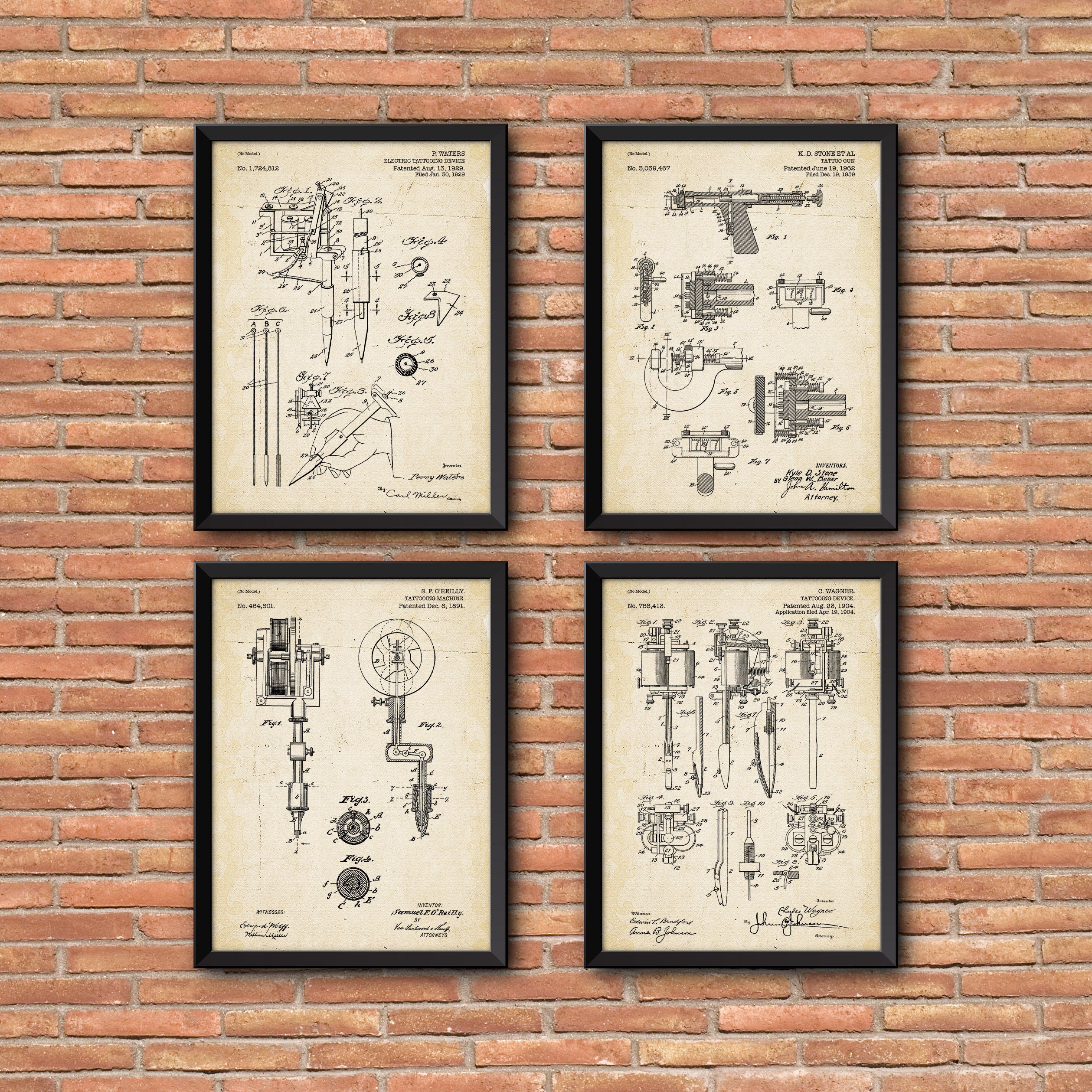Tattoo Machine Patent Prints set of 4, Tattoo Pen Patent Prints, Set of Four Tattoo Patent Wall Art, Tattoo Wall Art, Patent print art