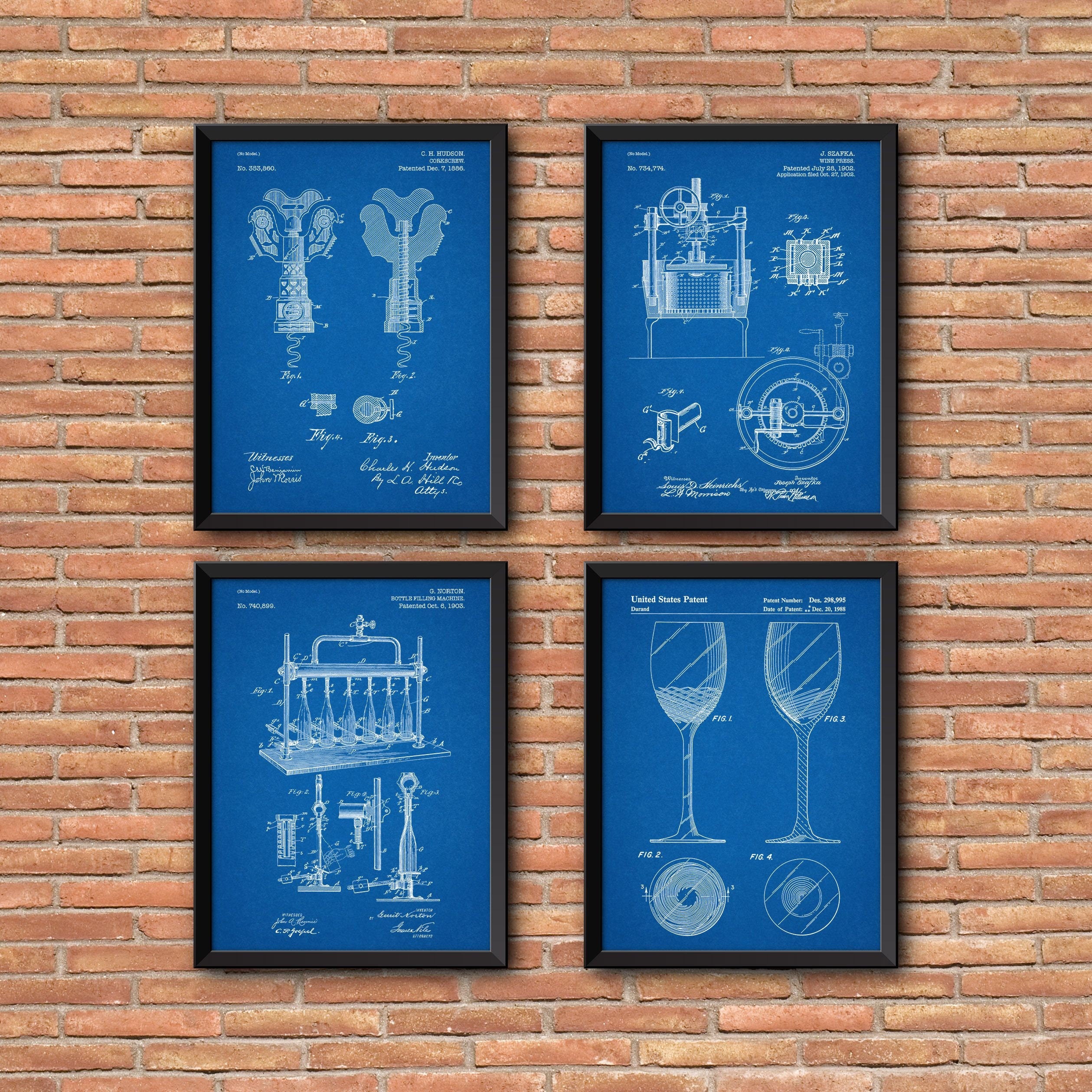 Wine Patent Prints set of 4, Wine Patent Prints, Set of Four Wine Patent Wall Art, Wine Wall Art, Patent print wall art