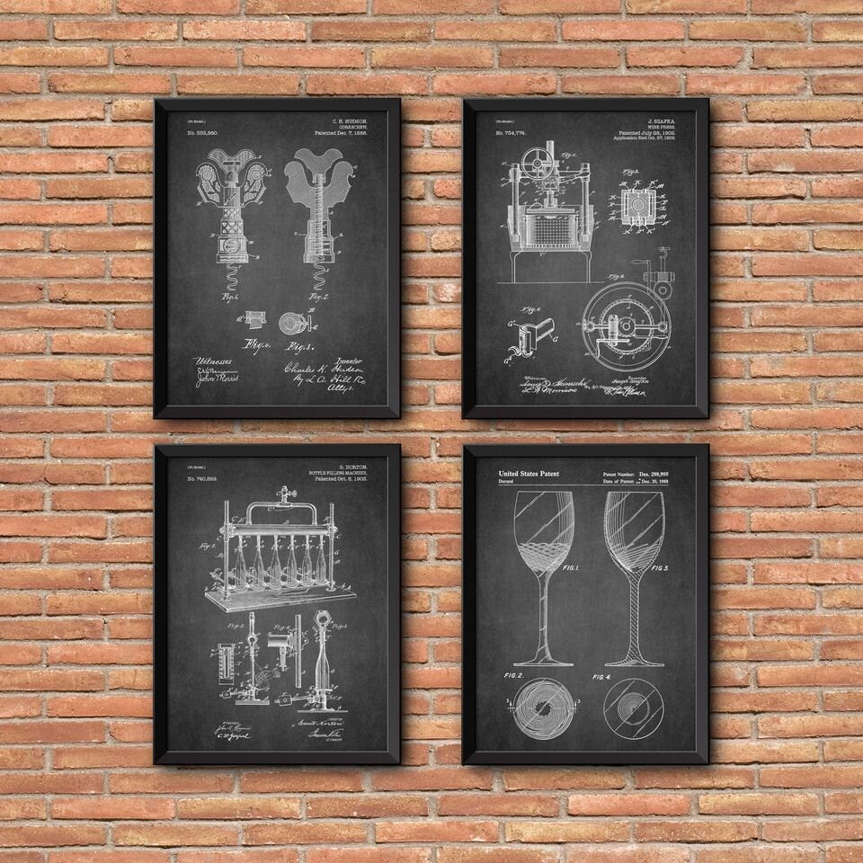 Wine Patent Prints set of 4, Wine Patent Prints, Set of Four Wine Patent Wall Art, Wine Wall Art, Patent print wall art