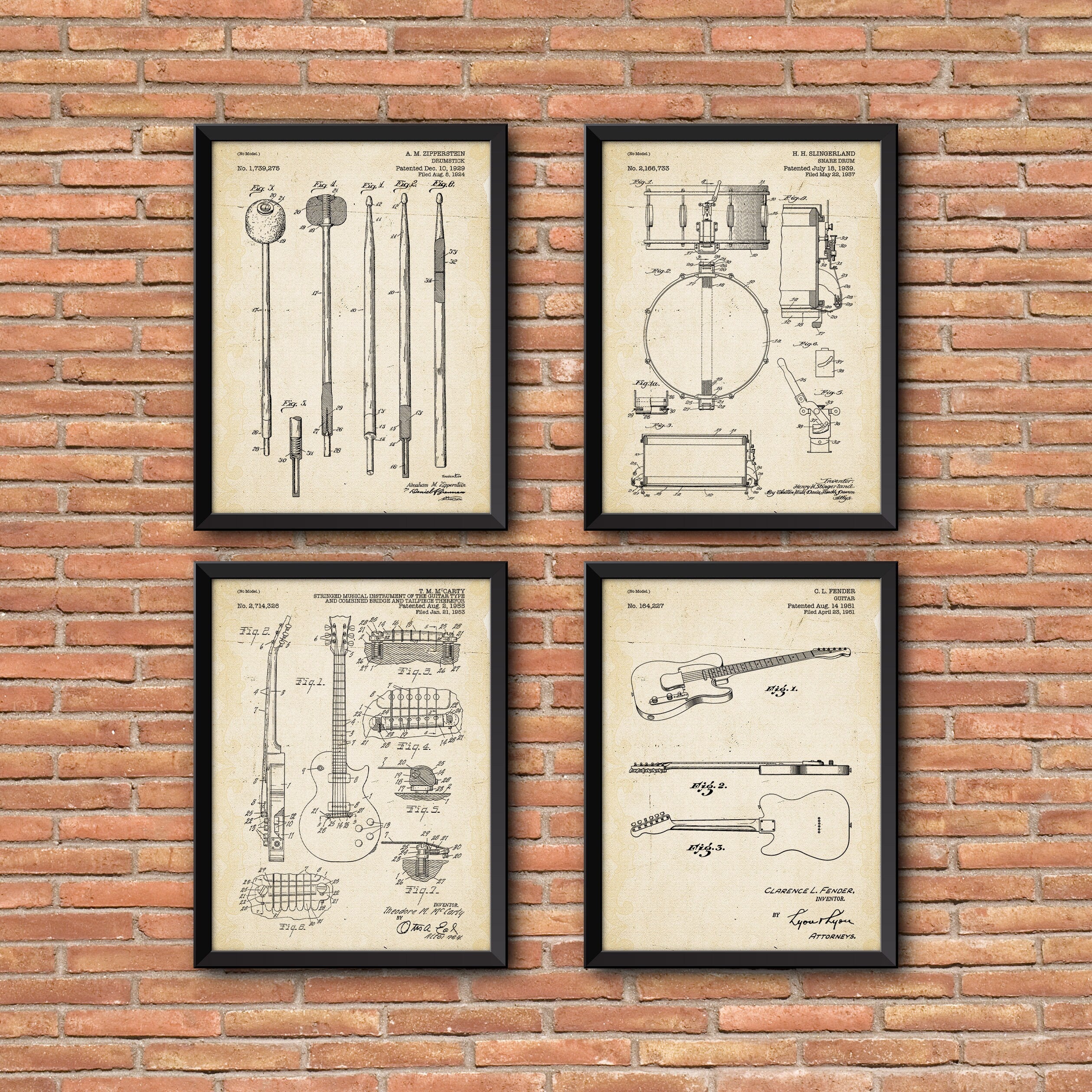 Musical Instrument Patent Prints set of 4, Music Patent Prints, Set of Four Instrument Patent Wall Art, Music Wall Art, Patent print art