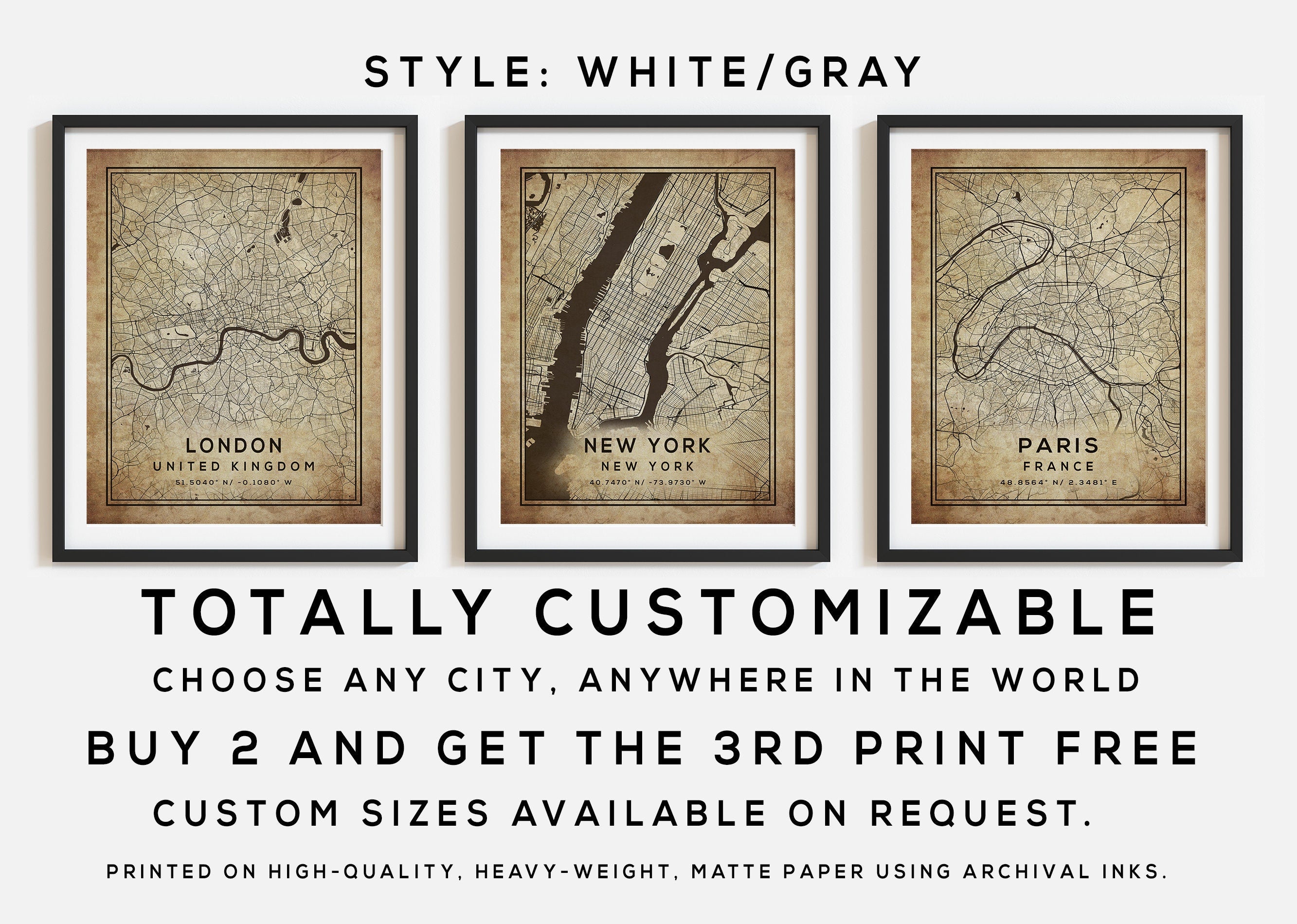 Assorted Maps Custom Map Print, Set of 3, Map Prints, Custom Map, Custom Maps, Home ...