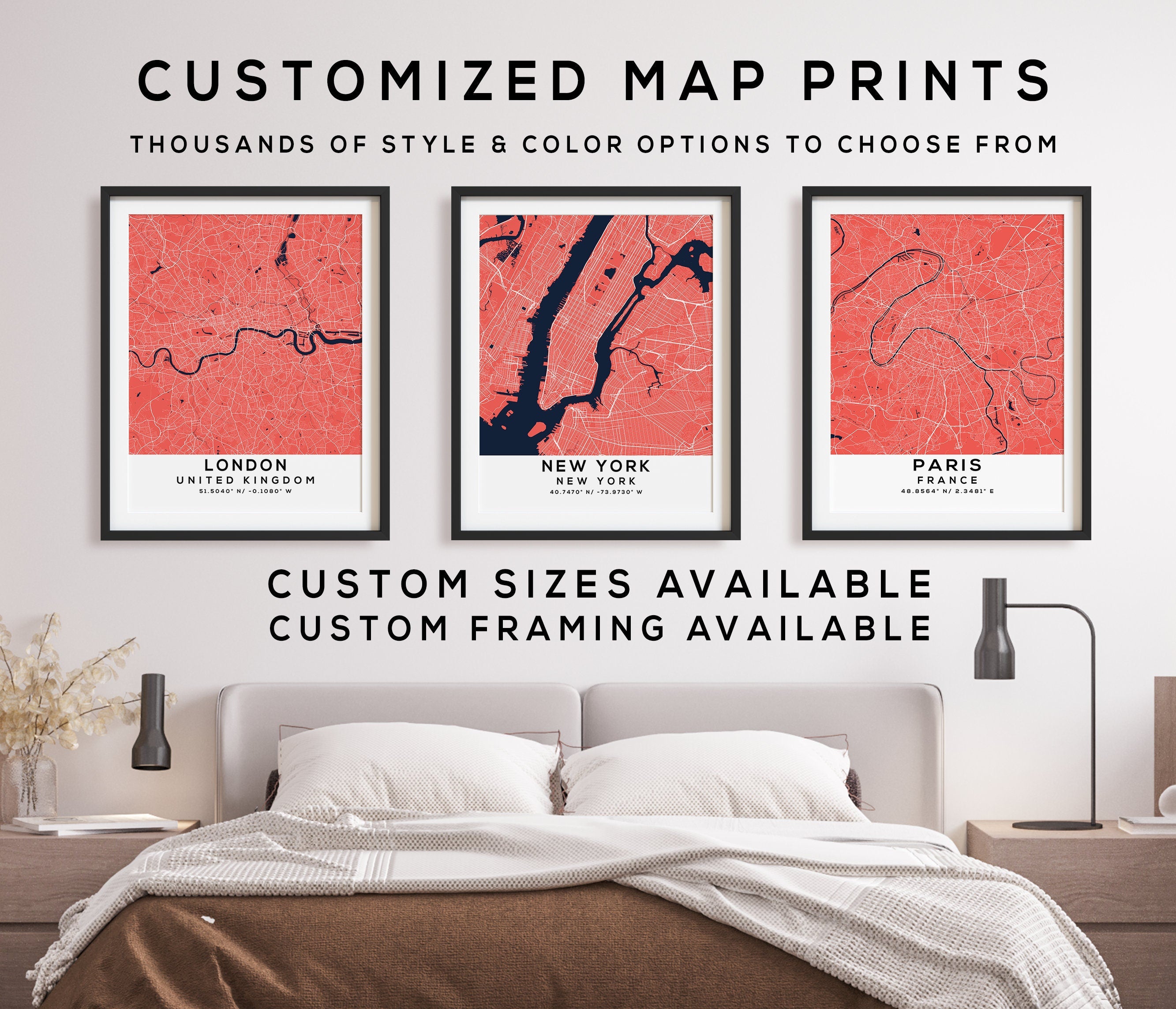 Custom Map Print, Set of 3, Map Prints, Custom Map, Custom Maps, Home Town Map, City Map, Custom City Map