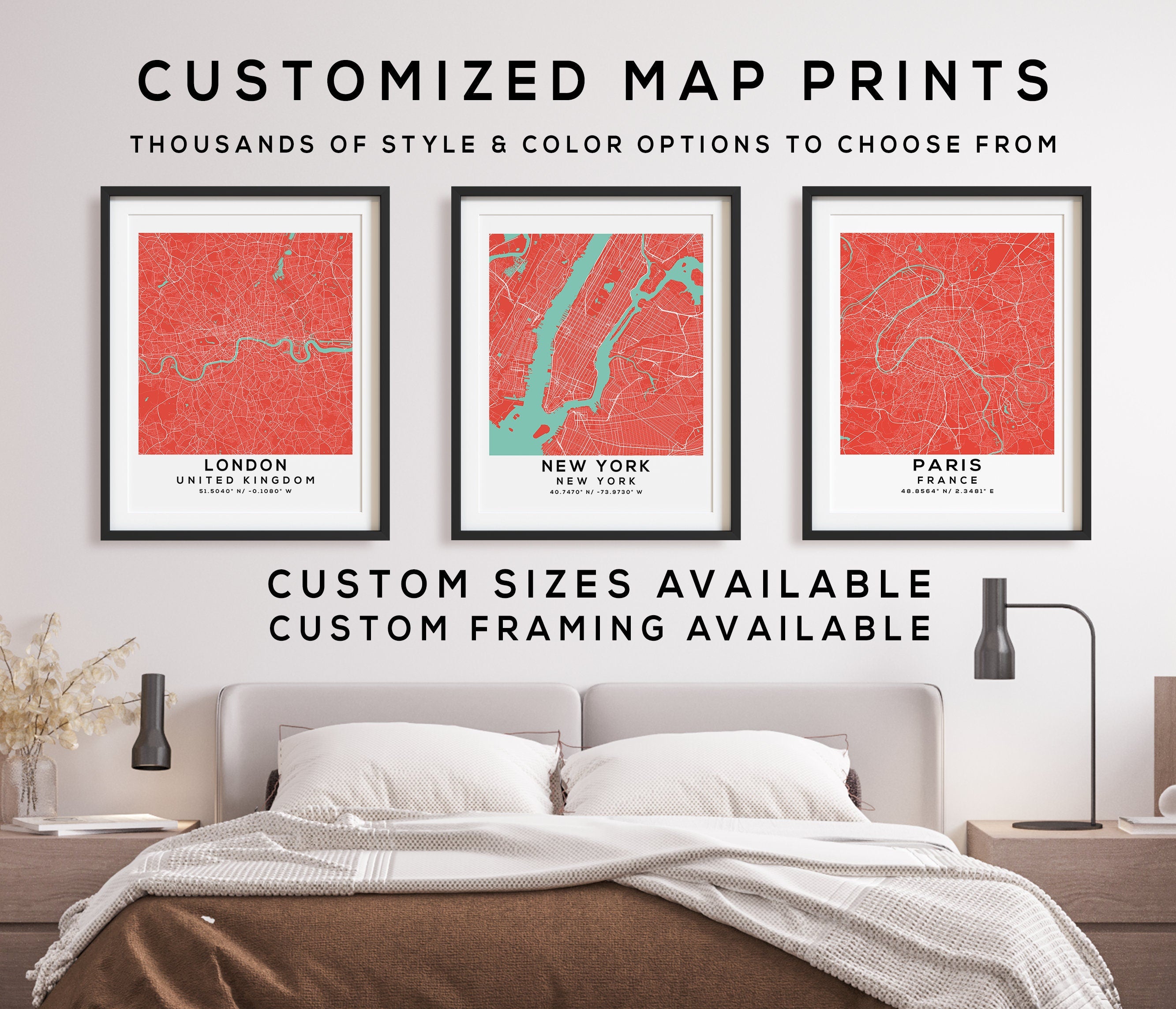 Custom Map Print, Set of 3, Map Prints, Custom Map, Custom Maps, Home