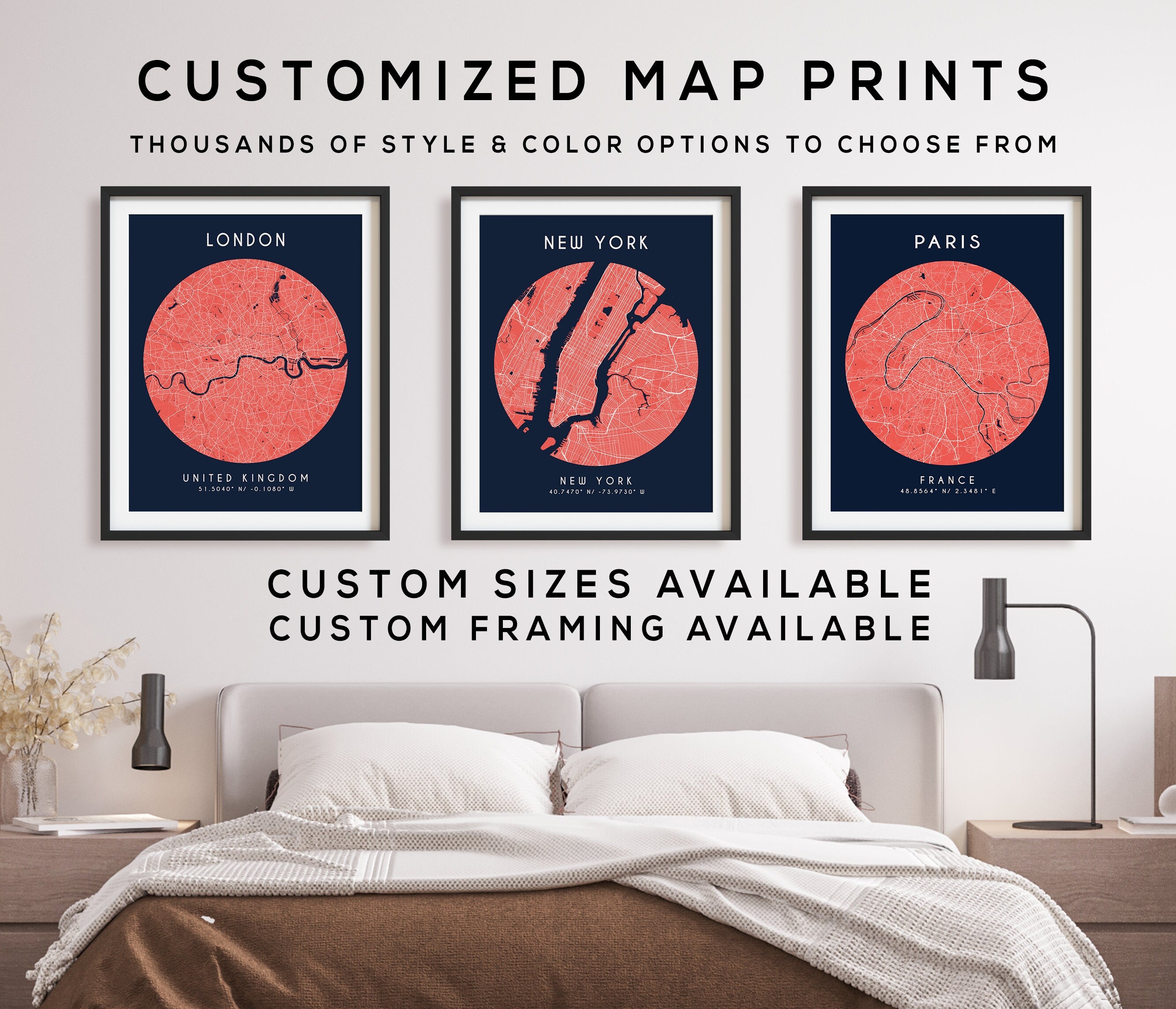 Custom Map Print, Set of 3, Map Prints, Custom Map, Custom Maps, Home ...