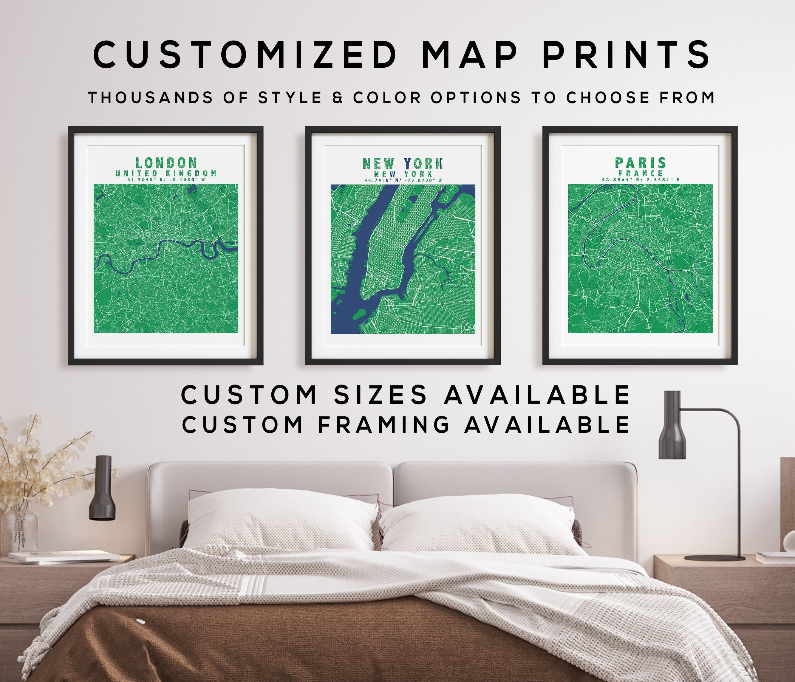 Custom Map Print, Set of 3, Map Prints, Custom Map, Custom Maps, Home Town Map, City Map, Custom City Map