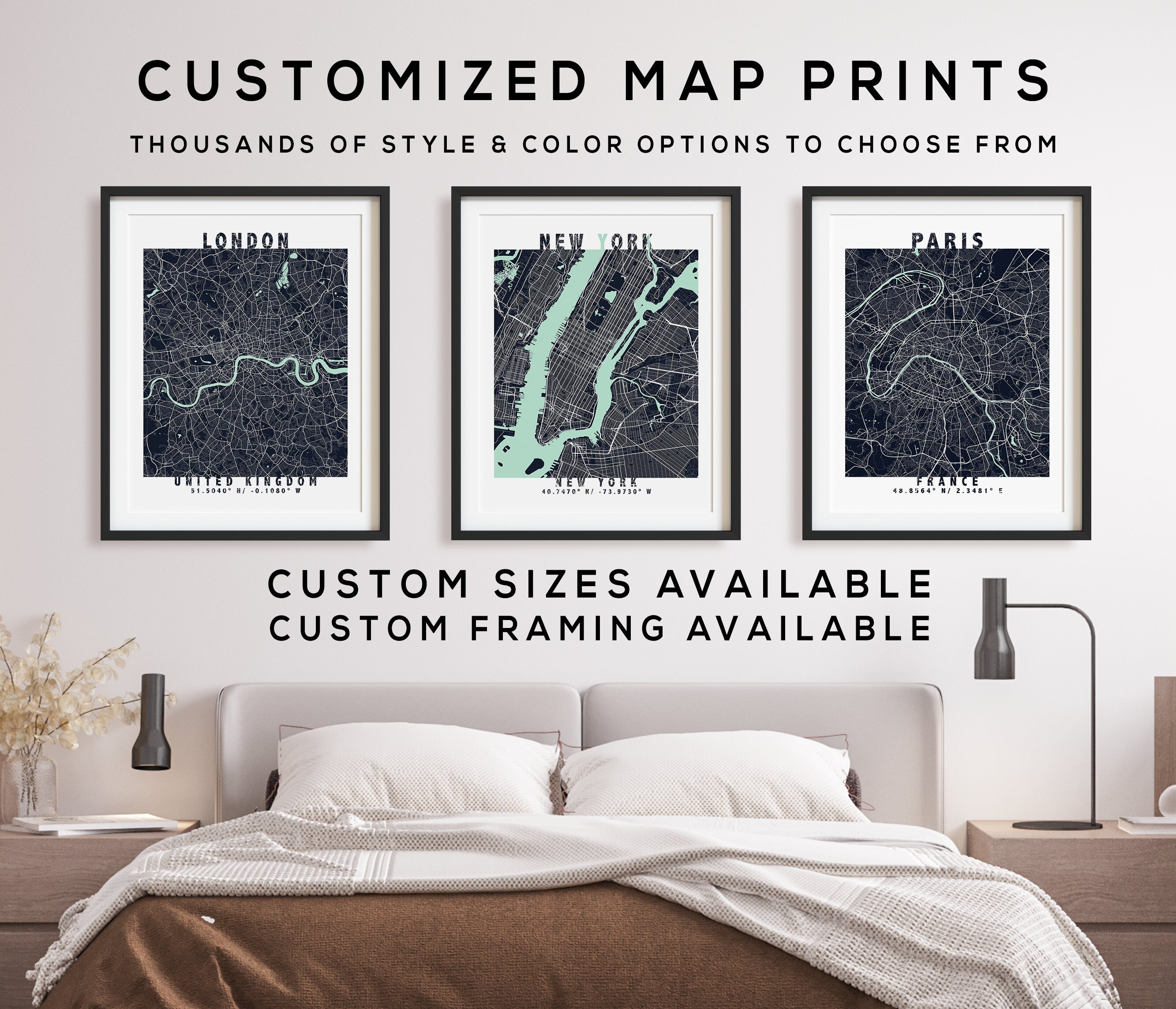 Custom Map Print, Set of 3, Map Prints, Custom Map, Custom Maps, Home ...