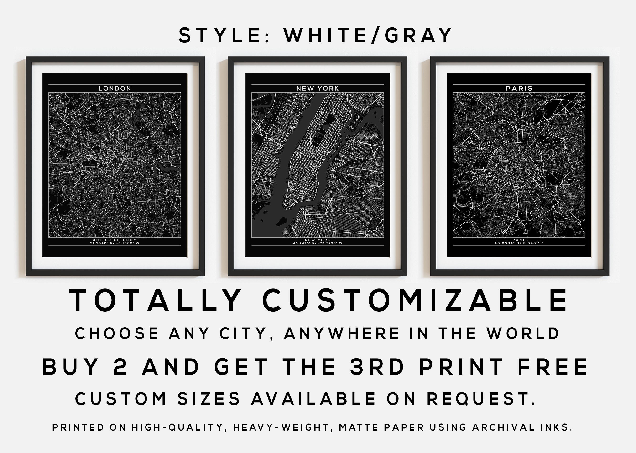 Custom Map White Custom Map Print, Set of 3, Map Prints, Custom Map, Custom Maps, Home ...