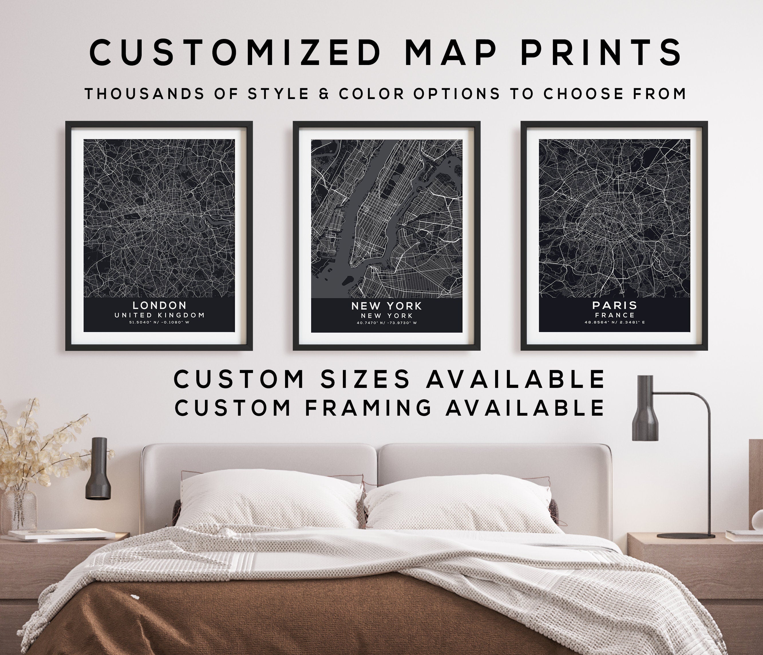 Custom Map Print, Set of 3, Map Prints, Custom Map, Custom Maps, Home ...