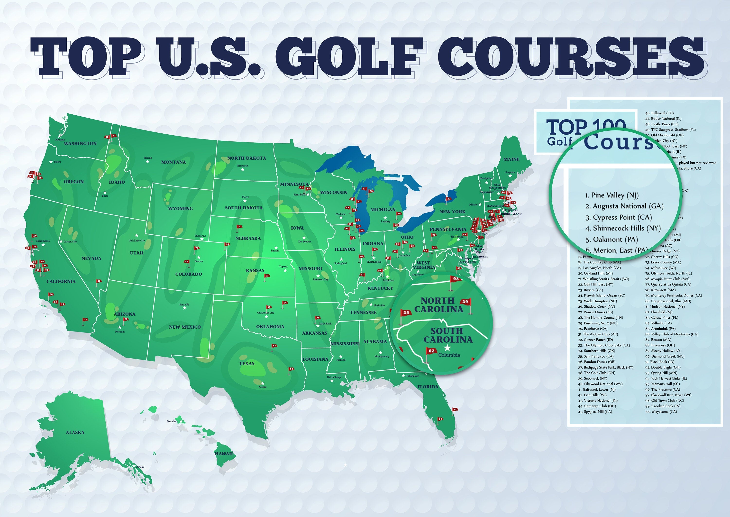 Golf Course Print, Top 100 Golf Course Print, Golf Course, Golf Course Map, Framed Golf Course Map.