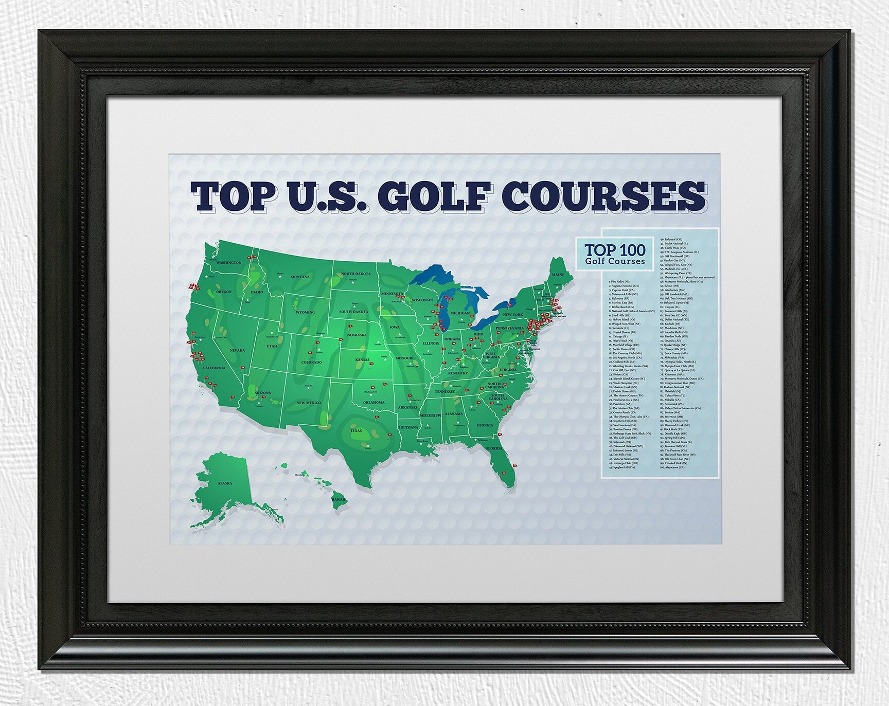 Golf Course Print, Top 100 Golf Course Print, Golf Course, Golf Course Map, Framed Golf Course Map.